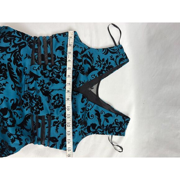 Enfocus Studio Midi Bodycon Cocktail Dress Size 4 Teal Black Floral Mesh Insert - Picture 8 of 9